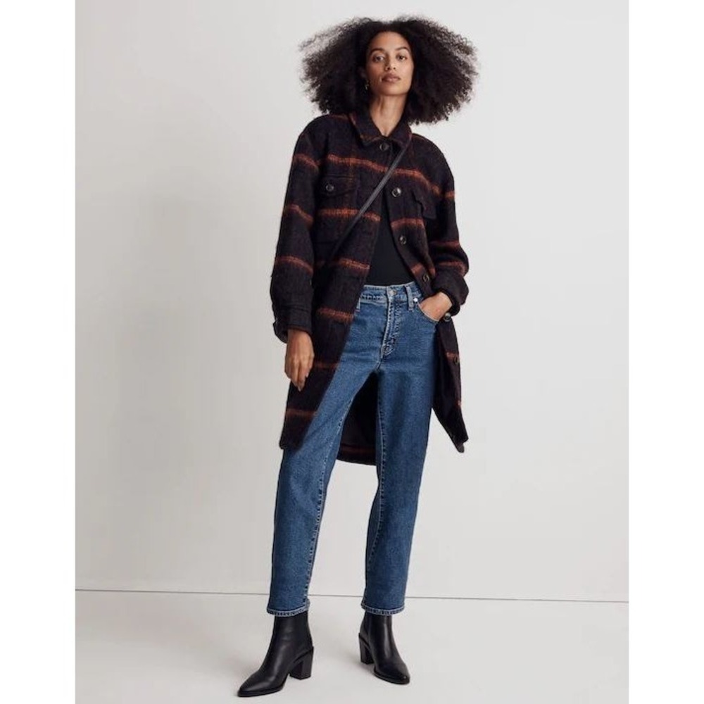 Madewell Long Shirt-Jacket in Windowpane Plaid Wool Blend Shacket Purple- XS